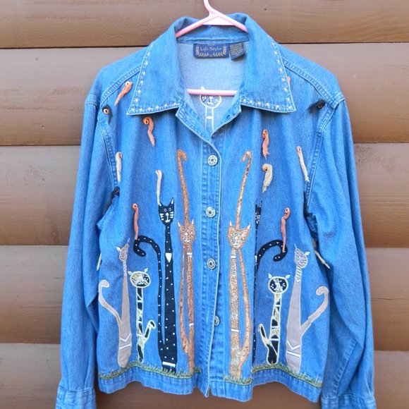LIFE STYLE Retro Women's Blue Denim Embroidered Cats Button Shirt Jacket Size L - Picture 1 of 6